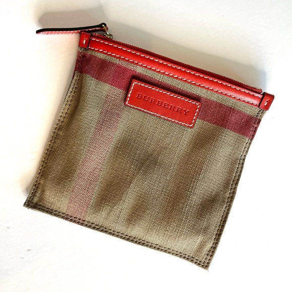 Burberry Maidstone Large Check Canvas Tote Bag Red Leather Trim - Picture 11 of 16